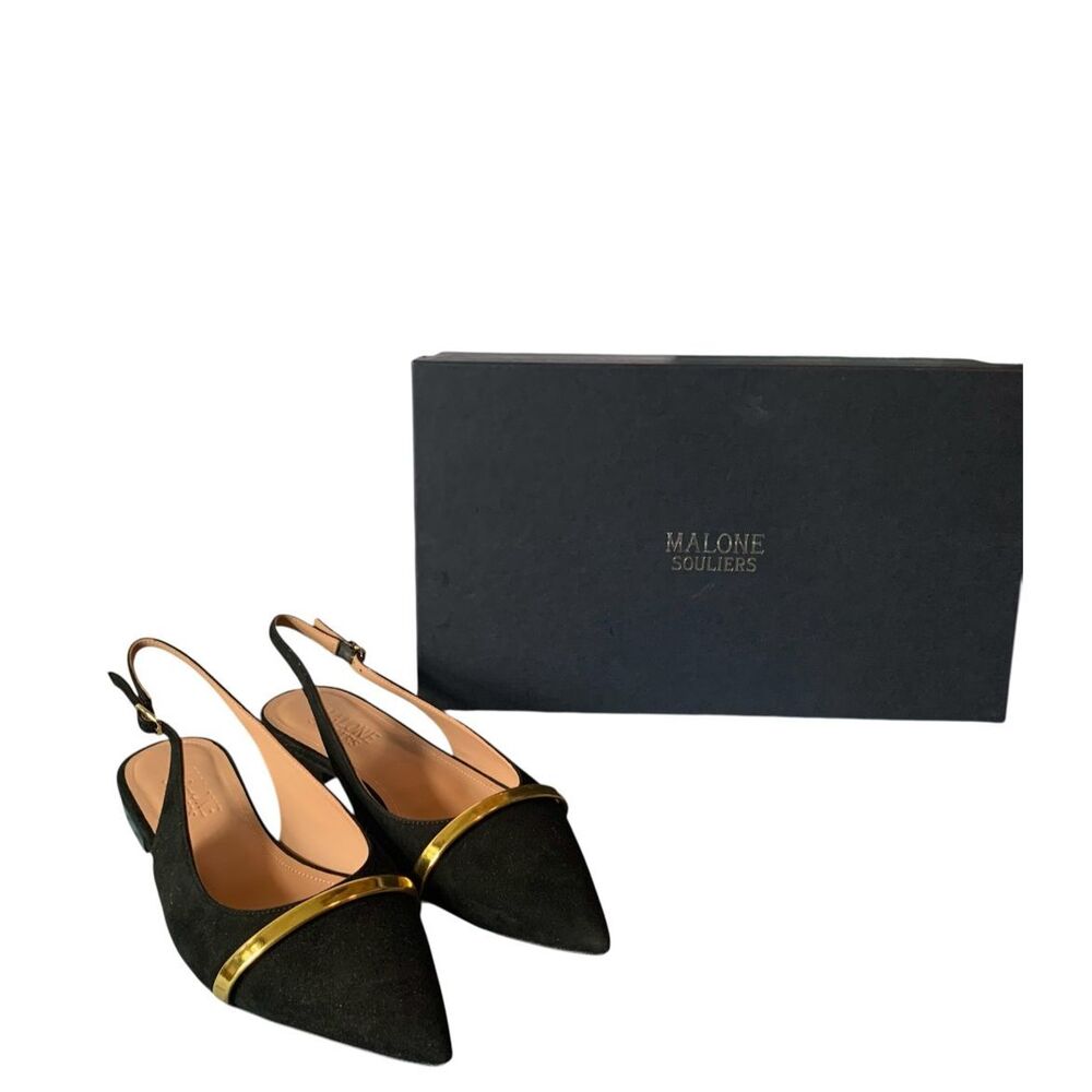 NEW IN BOX MALONE SOULIERS Jama SUEDE Black Gold Slingback Flats Shoes sz 7.5 38